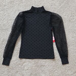 Anthropologie Eva Franco Black Polka Dot Mesh Sleeve Top